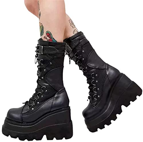 tinetill Stivali Invernali Scarpe Invernali da Donna Stivali Stringati con Stelo Corto Stivaletti Vintage gotici Scarpe Stivali con Plateau Scarpe con Tacco Grosso con Cerniera