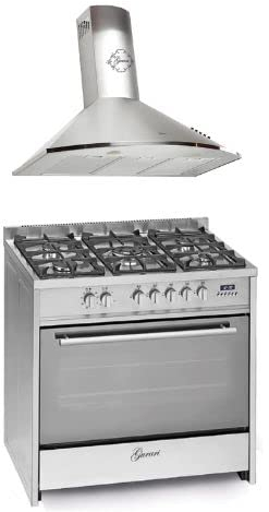 GURARI Gas Elektro Standherd GCH E 911 X+GCH 046 IS 9 Prime 90 cm/Range Coocker / 121L / 8 Funktionen/Erd-/Propangas + Dunstabzugshaube 90 cm 1000m³/h Wandhaube in Edelstahl Glas