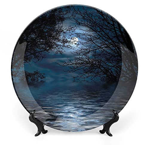 8 Inch Decorative Plate, Night Sky Ceramic Stoneware, Forest Full Moon Branches Image Print Ornament Display Plate for Dining Table Setting, Wedding Reception Decorations, Christmas Tablescape