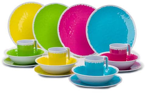 FLAMEFIELD Hello Summer - Juego de 16 piezas de melamina, vajilla de colores brillantes de temporada, platos, cuencos y tazas duraderos para una cena alegre, perfecto para comidas soleadas al aire