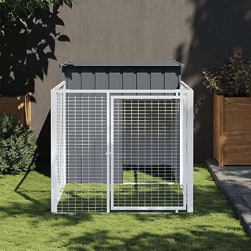 Homgoday Caseta Perros con Corral Acero galvanizado Gris 110x201x110 cm, Caseta de Perro Exterior, Casa para Animales, Perrera Casa Mascota, Jaula para Jardín Patio