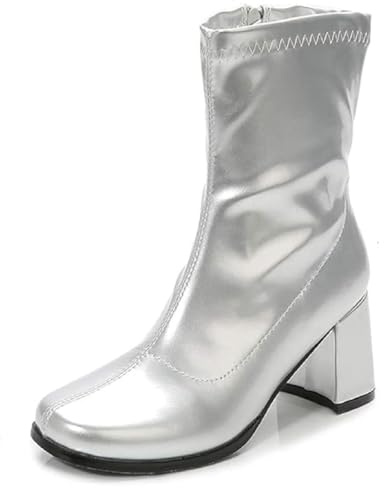Golden Beads Women's Mid-Calf Block Heel Zipper Boots | Go Go Boots | Ankle Boots with Low Block Heel | Short Boots Shoes