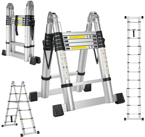 STANEW Échelle télescopique de 3.8 m(1.9+1.9), Echelle Pliante 2 en 1, Escabeau Télescopique en Aluminium, Échelle Pliable avec Travail à l'intérieur et à l'extérieur, Charge 150 kg, Argenté