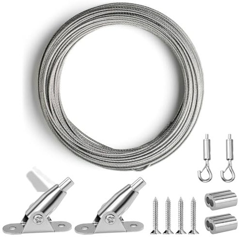 REJOECE 8M/2mm Stainless Steel Wire Rope Kit, Garden Wire for Climbing Plants, PVC Coated Metal Wire Cable with Mounting Brackets, Screws for Hanging Clothesline,Garden Fence,Plants,Photos,Lights