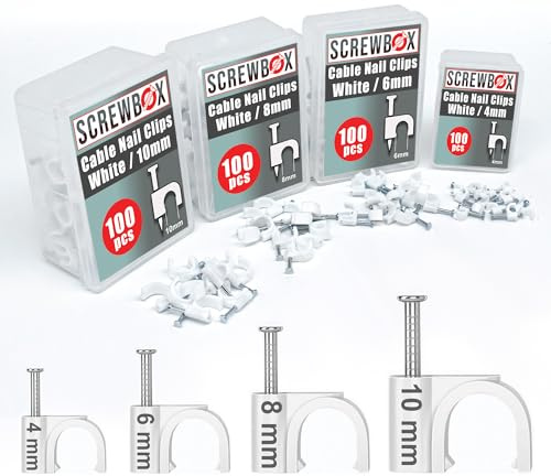 SCREWBOX® Cable Clips, 400 Pcs Durable White Wire Clips -4/6/8/10mm, Round Nail Clips, 4 Sizes (4mm, 6mm, 8mm, 10mm), Cable Tacks Wire Tidy Clips, Electrical Cable Management Clips.