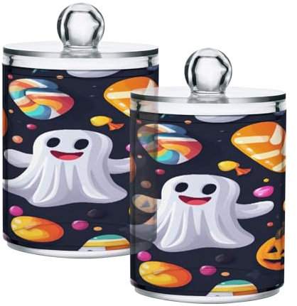 JUMBEAR Paquete de 2 soportes de algodón acrílico para tartas de caramelos de Halloween, frascos de boticario, bolas de algodón de plástico, soporte para bolas de hisopo de algodón, cajas de