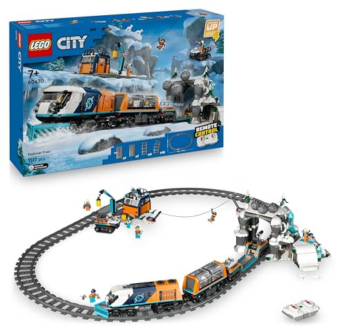 LEGO City Explorers’ Arctic Polar Express Train Set - Incl. a Remote-Controlled Train Toy, Snowplough, 22 Track Pieces & 6 Minifigures, Plus a Rockfall Function - Gift for 7+ Year Old Boys - 60470