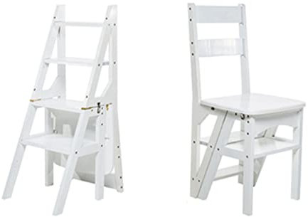 Multifunctional Wooden Folding 4 Step Ladder Stool for Home Library Office Portable Chair Stool with Stairway White Color
