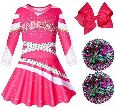 Lspoer Zombies 3 Costume Cheerleader Outfit Girls Dresses with Poms Poms Cheerleader Costume for Girls Party Dress up Fancy Pink Dress for 7-8 Years