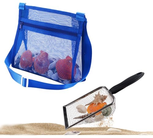 MUYIZI Beach Mesh Shovel with Mesh Shell Bags, Kids Filter Sand Scooper for Picking Up Shells,Shark Tooth Sifter Dipper for Boys and Girls,Beach Toys Accessories (Sapphire Blue)