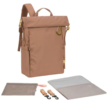 LÄSSIG Baby Changing Backpack, Changing Bag, Backpack with Changing Mat, Pram Attachment, Bottle Holder, Sustainably Produced/GRE Outdoor Rolltop Backpack Almond