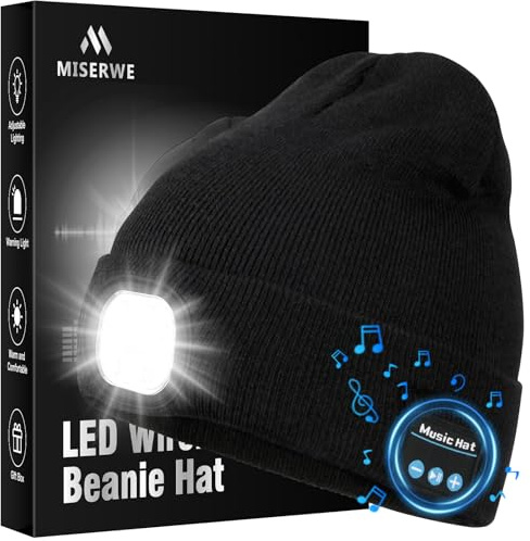 Bonnet LED avec lumière, unisexe, lampe de poche rechargeable avec écouteurs sans fil, cadeau unique de Noël et d'anniversaire pour homme et femme, noir