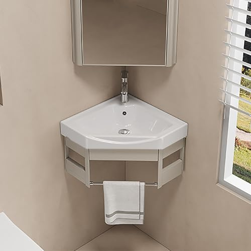 Hynbdes Fregadero de cerámica,Lavabo de baño montado en la pared, Lavabo de esquina de cerámica para espacios pequeños, Lavamanos cuarto de baño, para cocina, aseo, baño,caravana,caqui-38 * 38