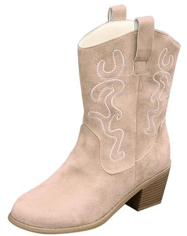 DFSDJEUW cowboy boots wide calf Wide Fit Cowboy Boots Women Classic Pointed Toe Chunky Heel Western Leather Women's New Hundred Sets Foot Large Size slip on shoes women Beige 4