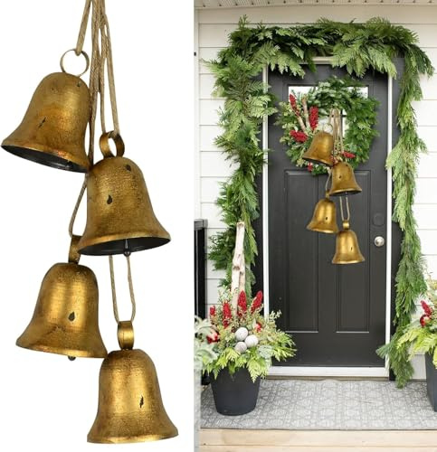 Harmony Farmhouse Bells - Set of 4 Rustic Shabby Chic Gold Christmas Bells for Door Garden Home Tree Decoration
