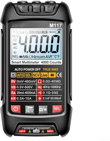 Multifunktionell digital multimeter M117 med NCV-spänningslarm, bakgrundsbelyst display och intelligent säkring för elsäkerhet (svart)