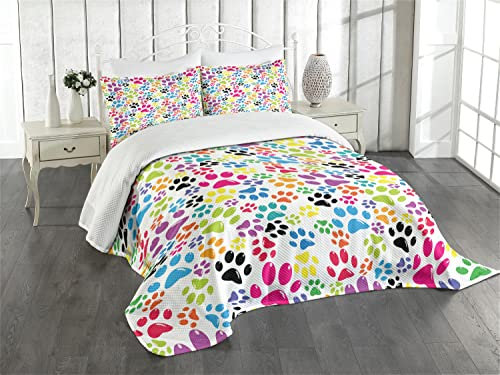 ABAKUHAUS Hund Tagesdecke Set, Cartoon-Hund Paw Traces, Set mit Kissenbezug Romantischer Stil, für Einzelbetten 170 x 220 cm, Lila Grün Blau