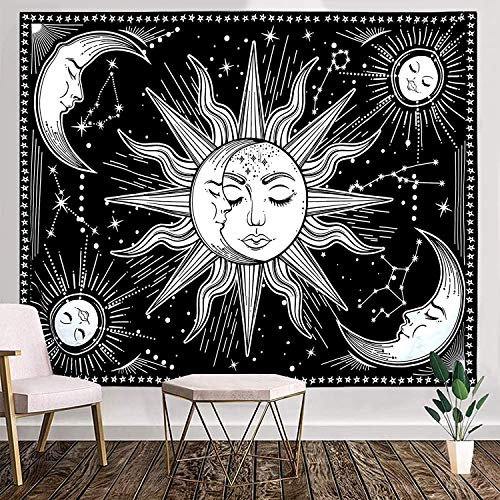 WOVTE Sun and Moon Tapestry Black and White Tapestry Constellation Astrology Psychedelic Mystic Wall Hanging Nature Home Decorations For Bedroom Dorm Room (150x130cm)