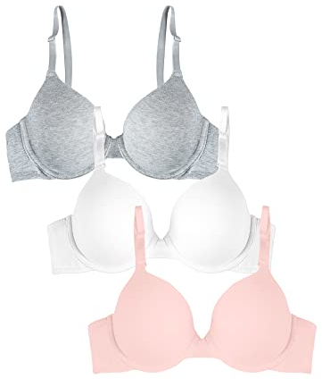 Fruit of the Loom Women's Smooth Cotton T-Shirt Bra-Ultra-Soft, Flexible, and Invisible Under Tees, Opaque, Blushing Rose/White/Grey Heather, 38C (Pack of 3)