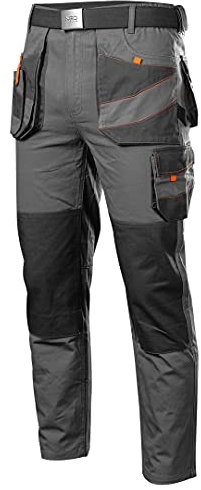 NEO TOOLS Pantalones de trabajo para hombre, 100% algodón sarga, 260 g/m2, zona reforzada en las rodillas con bolsillos para rodilleras, bolsillos mul