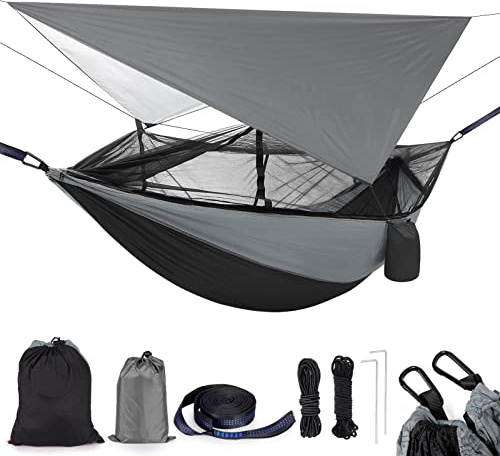 CampingHammock 2 Person Nylon Tent with Tree Straps, Heavy Duty Waterproof, Lightweight & Portable for Hiking, Outdoor, Travel, Beach, Survival, Backyard (Black&Grey)