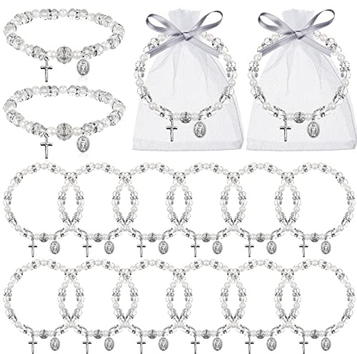 Taiyin 12 Pcs Rosary Bracelet Bulk with Mesh Bags, White Religious Rosary Bead Bracelet Catholic Bracelets, Baptism First Communion Gifts for Women (Silver)
