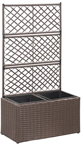 KOIECETA Hochbeet mit Rankgitter 2 Töpfe Pflanzkübel Pflanzkasten Blumenkübel Spalier Gartenspalier Rankhilfe Rankkasten 58x30x107cm Poly Rattan Braun