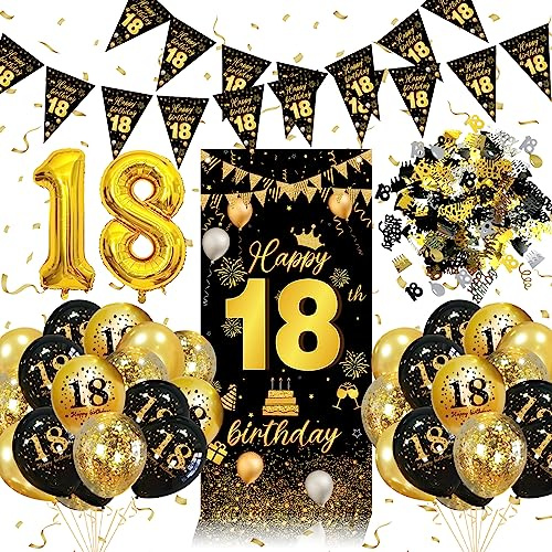 Palloncini 18 Anni Compleanno Ragazza Ragazzo, 18 Anni Decorazioni Nero Oro, Striscione 18 Anni, Coriandoli, Feste di Compleanno Sfondo Fotografico Tessuto, Decorazioni per Compleanno