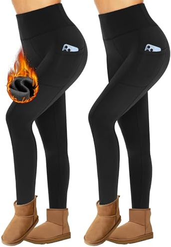 Missluck 2er Pack Thermoleggings Damen Winter Mit Taschen, High Waist Thermohose Gefüttert Fleece Thermounterwäsche Für Sport Gym（Schwarz/Schwarz,L/XL）