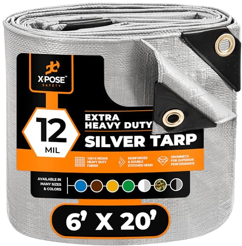 Heavy Duty Silver Poly Tarp 6' X 20' - Multipurpose Protective Cover - Durable, Waterproof, Weather Proof, Rip and Tear Resistant - Extra Thick 12 Mil Polyethylene - by Xpose Safety