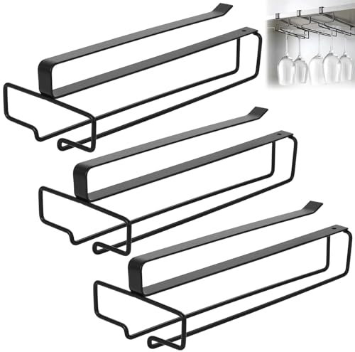 Mumjooyi Porta Bicchieri Sospesi 3 Pezzi Portabicchieri Sospeso Porta Calici Sottopensile per Calici di Vino Senza Foratura per Bar Ristorante Famiglia Cucina (3, Nero)