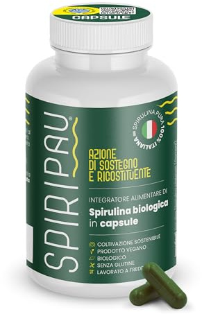 Alga Spirulina Capsule Bio - Spirulina Italiana e Senza Glutine - Superfood Ricco di Fibre, Proteine, Vitamine e Minerali per un Benessere Completo - 100 Capsule