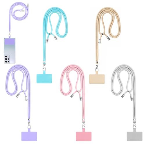 DERJDISF Pack de 5 Cadenas Universales para Móvil - Cordón para Colgar al Cuello y Pulsera con Parches de Fijación para la Mayoría de los Smartphones (5 Colores)