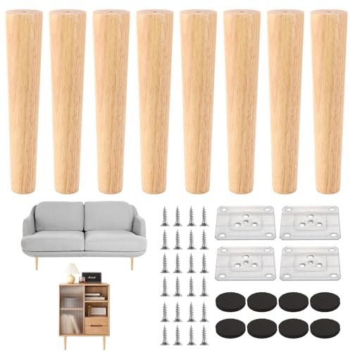 AKOLAFE 8 Piezas Patas para Muebles Madera 20 cm Patas para Sofas Patas de Madera para Muebles Patas de Muebles con Placa de Montaje y Tornillos Patas para Sofá, Cama, Armario, Silla, Mesa