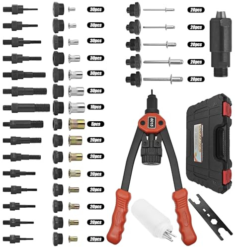 ZOSANY Dual Function Rivet Gun Kit Rivet Nut Tool Including 305 PCS Rivet Nuts 15 Mandrels 100 PCS Blind Rivets 5 Rivet Nozzles, Multi-Purpose