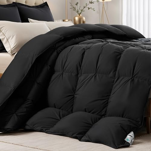 KAKABELL Pinch Pleat Goose Down Feather Fiber Comforter Full/Queen Size, Breathable Fluffy Black Duvet Insert with Cotton Fabric, 750+Fill Power All Season Hotel-Quality Bed Comforter 90 x 90