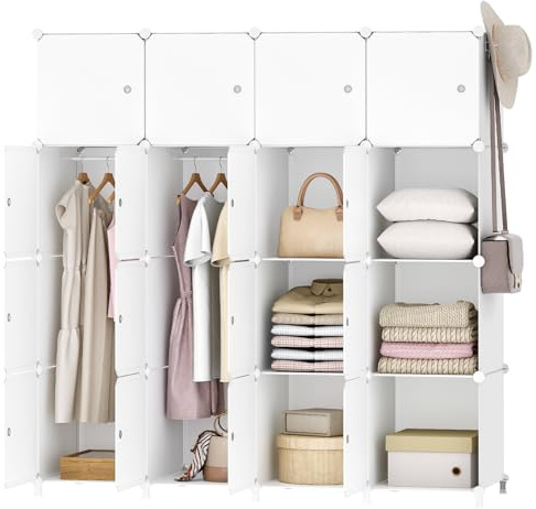 HOOBRO Armoire Penderie Modulable, 16 Cubes, Armoire Chambre Portable, Armoire de Rangement avec Portes et tringles, 2 patères, pour Vêtements, Chaussures, Jouets, Blanc EWT44LY01N1