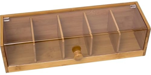 Tea Box Organiser, Bamboo Tea Caddy with 5 Compartments, Dustproof and Leakproof Design with Transparent Lid, for Tea Bags and Coffee