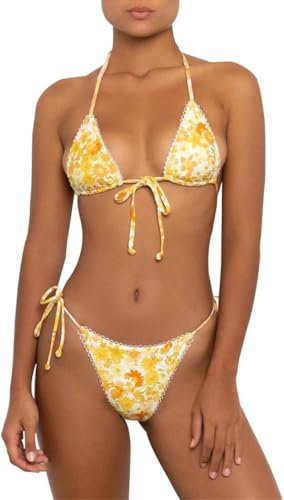 Aretas Gelb Floral Bikini Damen Set Zweiteiliger Neckholder Triangel Sexy Tanga String Push Up Badeanzug Bademode Seitlicher Schnürung Brazilian Style Verstellbare
