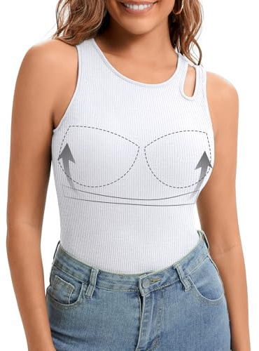 LEYSHE Canottiera da donna estiva alla moda, con reggiseno integrato, senza maniche, a costine, da donna, a maniche corte, camisole, bianco, S