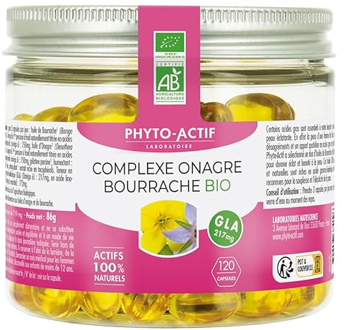 Phyto-Actif | Complexe Onagre & Bourrache | Beauté de la peau – Peau Saine | Actifs 100% Naturels | Bio & Vegan | Fabriqué en France | 120 capsules