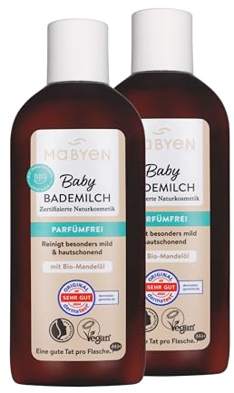 MABYEN Baby Bademilch 2er Set (2 x 200 ml) – Parfümfrei, mit Bio-Mandelöl, zertifizierte Naturkosmetik, vegan, sanfte Pflege für empfindliche Babyhaut, dermatologisch getestet, plastikfreie Verpackung