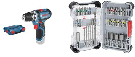Bosch Professional 12V System Akku Bohrschrauber - FlexiClick System (inkl. Bohrfutteraufsatz GFA 12-B, 2x L-BOXX-Einlage, L-BOXX) + 35x Extra Hard Schrauberbit‑ und CYL-3 Bohrer-Set (197 x 110,5 mm)