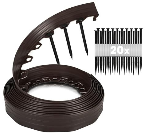GARDENIX Bordure de pelouse Flexible en Plastique - Résistante aux intempéries - Bordure Ronde - Bordure de Parterre de Fleurs - Marron - 10 m - 20 piquets - Hauteur : 8 cm