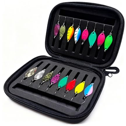 16 Pièces Peche Truite Cuillère, Cucchiaini Pesca, Accessoires de Pêche de 2,5 g/3,5 g/5 g, avec Boîte de Rangement, Leurre Artificiel Rotatif et Clignotant, Adapté à la Pêche en Eau Douce