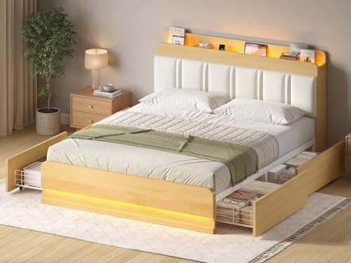 KIMENICH Bett 160x200 cm, Doppelbettgestell, Metallbett 160x200 cm mit LED-Beleuchtung, Stauraumbett mit 4 Schubladen, Ladestation, Gepolstertes Holzkopfteil mit Stauraum, Weiß + Natur