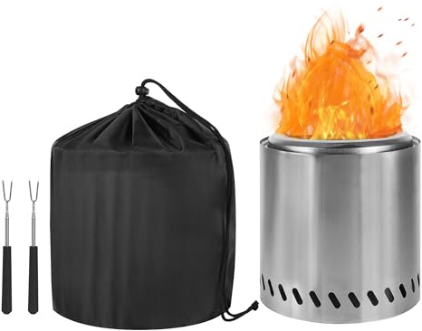 CAMPORG Brasero de 22 cm de acero inoxidable – Hornillo portátil para camping al aire libre y cesta de fuego para jardín, barbacoa y cocina con madera o pellets, compacto y eficiente, plata