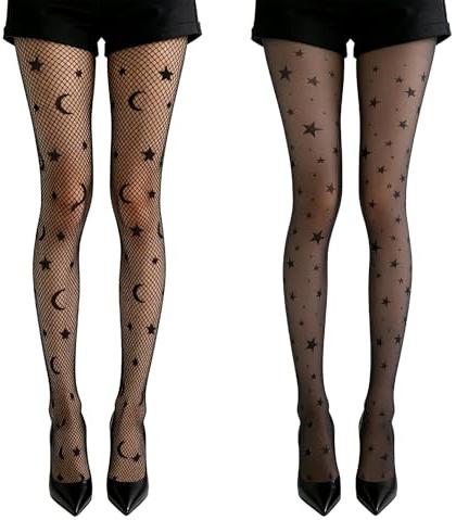 GDDDYWWJ 2 PCS Star Tights, Elastic Waist Patterned Tights for Women Girls with Star Moon Fashion Patterned Black Fishnet Tight for Parties Casual Wear