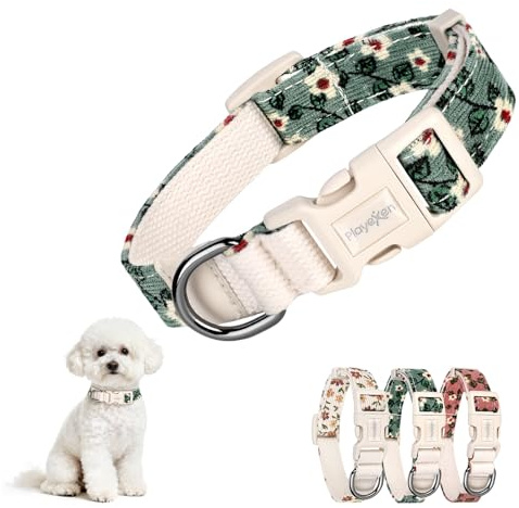 Collar Perro Pequeño Collares para Perros Ajustables 25-40cm de Pana-Algodón Dog Collar con Hebilla Motivo de Flore Accesorios para Gato Cachorros Perros Pequeños Medianos Adiestramiento(Verde)