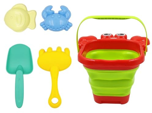 Giocattoli di sabbia per bambini, kit costruzione con secchio pieghevole, giocattoli da spiaggia da 5 pezzi con animali | per giardino, giochi, , pic-nic, campeggio, all'aperto, viaggio